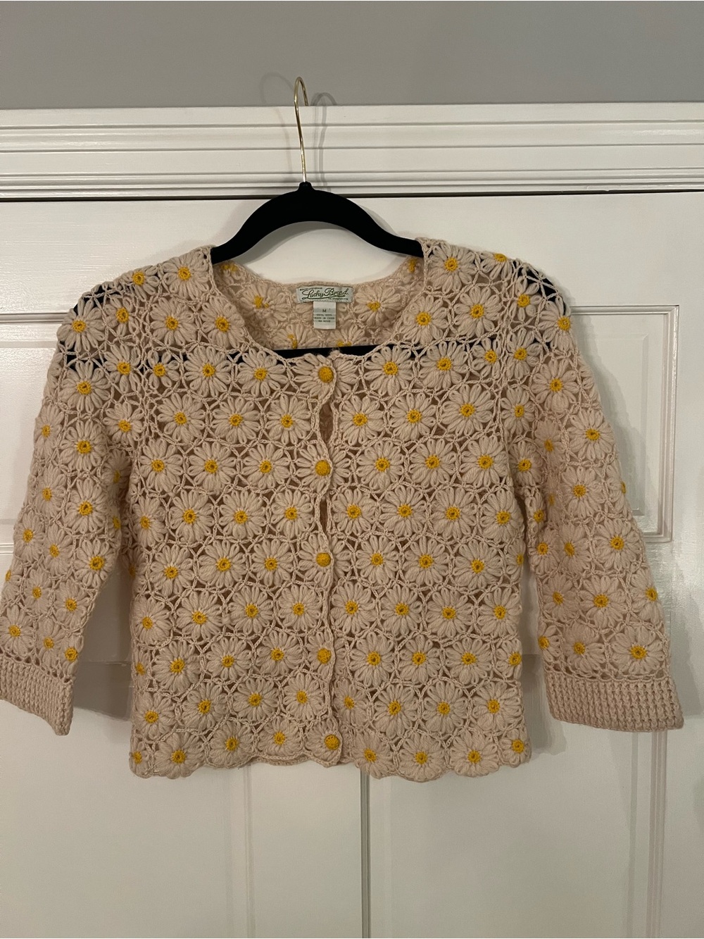 Vintage look Lucky Brand Crochet Daisy Cardigan - Cream with Yellow Centers